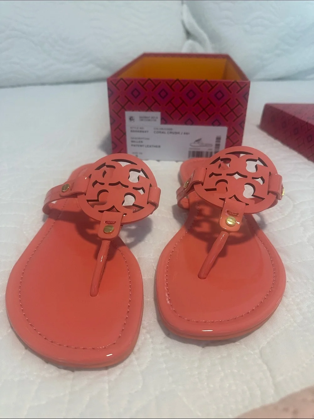 Tory Burch Coral Patent Logo Thong Sandals